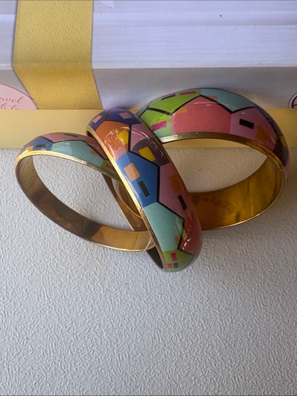 Colorful Geometric Enamel Bangle Bracelet Set - Pink & Blue